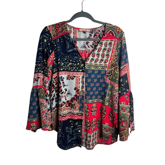 Olive Hill Tops - Anthropologie Olive Hill Paisley Print Bell Sleeve Blouse Size Large Bue Pink